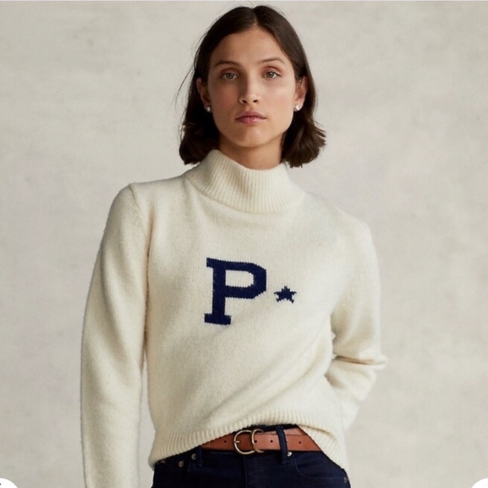 Ralph Lauren Polo Wool Cashmere Letter Logo Intarsia Cream Blue P Knit Sweater